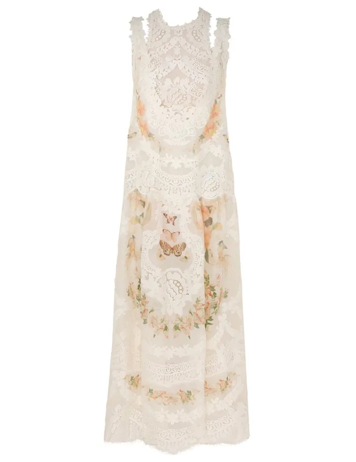 Women Clothing Zimmermann Natura Lace Patch Tank Dress Coral Mixed Print