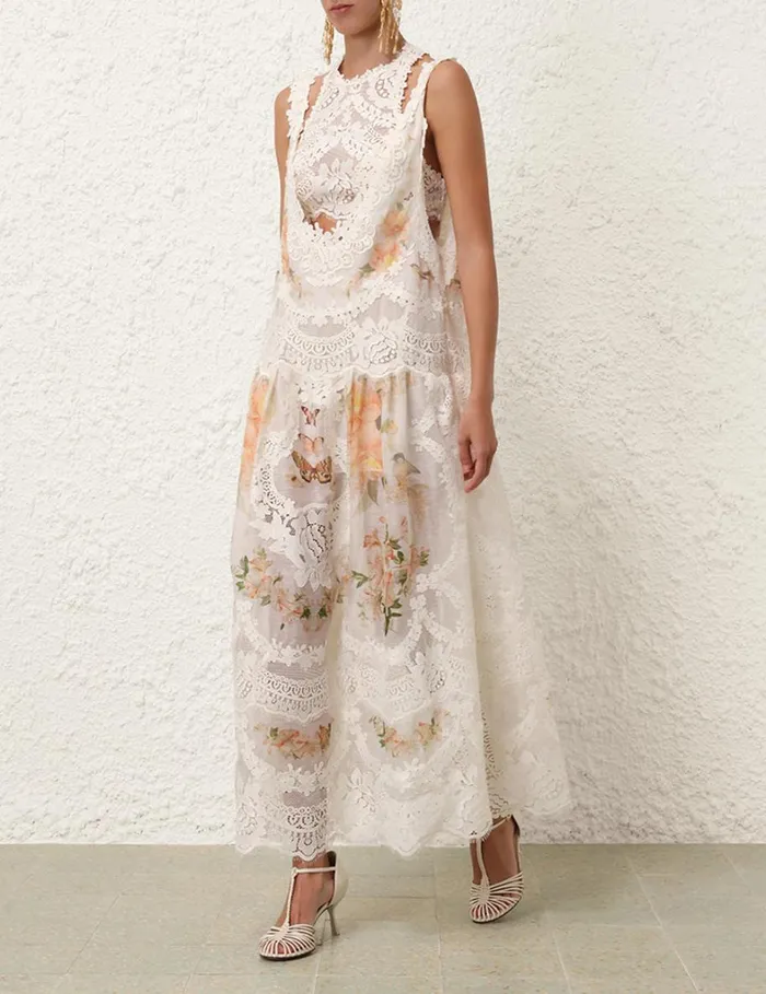 Women Clothing Zimmermann Natura Lace Patch Tank Dress Coral Mixed Print