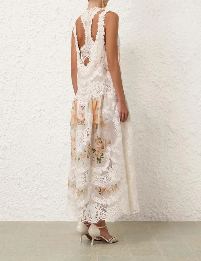 Women Clothing Zimmermann Natura Lace Patch Tank Dress Coral Mixed Print