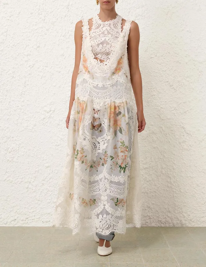 Women Clothing Zimmermann Natura Lace Patch Tank Dress Coral Mixed Print