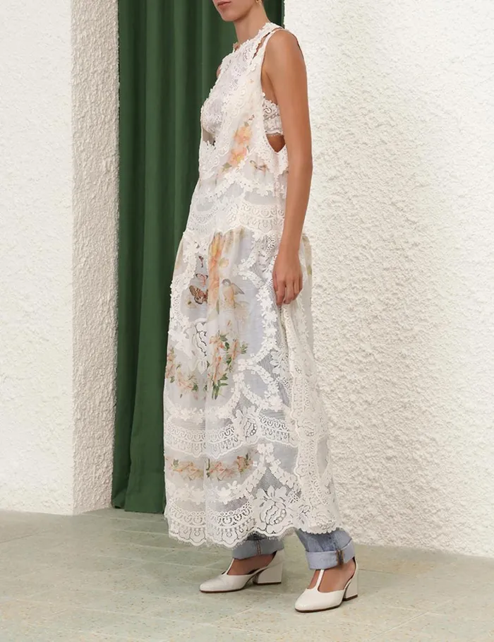 Women Clothing Zimmermann Natura Lace Patch Tank Dress Coral Mixed Print