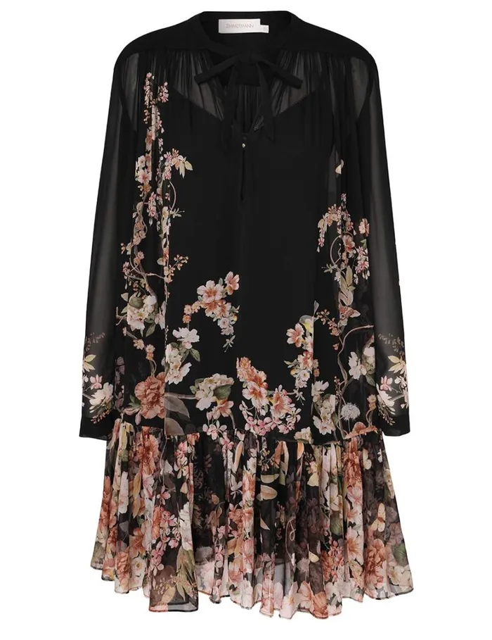Women Clothing Zimmermann Natura Lantern Mini Dress Coral Garden Black