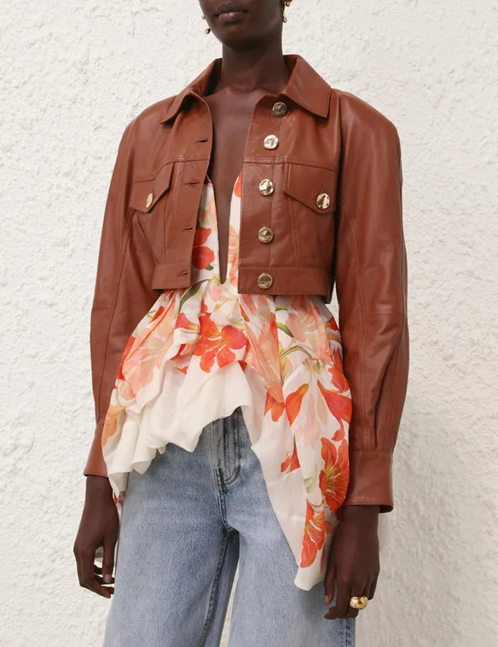 Women Clothing Zimmermann Tranquillity Leather Jacket Toffee