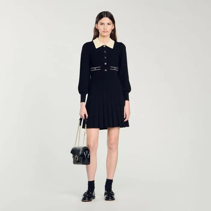 Women Dresses SANDRO Pleated Knit Dress Black Ecru