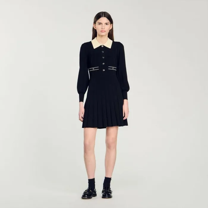 Women Dresses SANDRO Pleated Knit Dress Black Ecru Women Dresses SANDRO Pleated Knit Dress Black Ecru