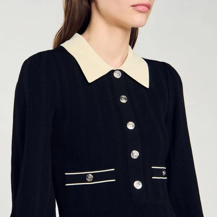 Women Dresses SANDRO Pleated Knit Dress Black Ecru Women Dresses SANDRO Pleated Knit Dress Black Ecru
