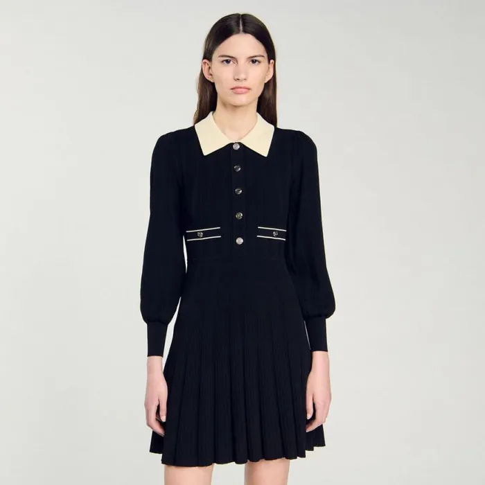 Women Dresses SANDRO Pleated Knit Dress Black Ecru Women Dresses SANDRO Pleated Knit Dress Black Ecru