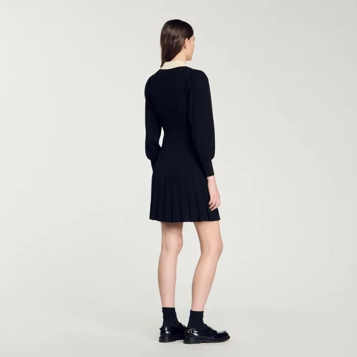Women Dresses SANDRO Pleated Knit Dress Black Ecru Women Dresses SANDRO Pleated Knit Dress Black Ecru