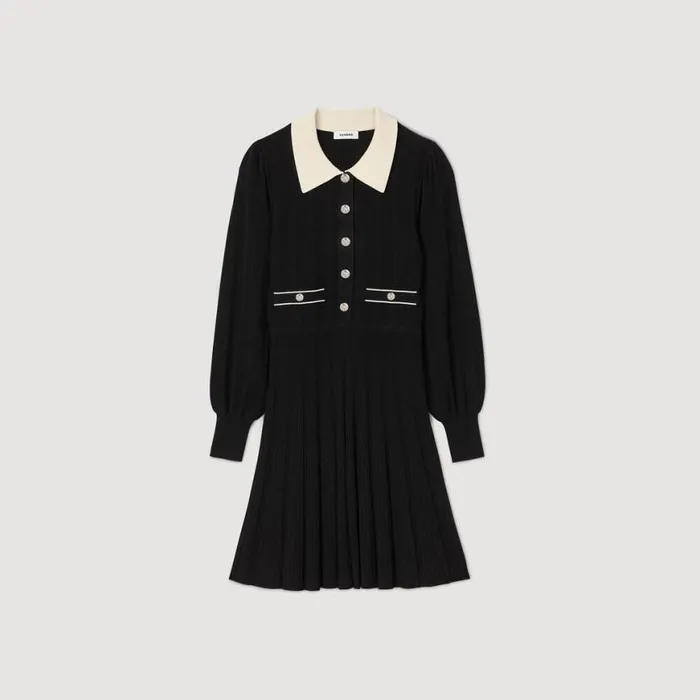 Women Dresses SANDRO Pleated Knit Dress Black Ecru Women Dresses SANDRO Pleated Knit Dress Black Ecru