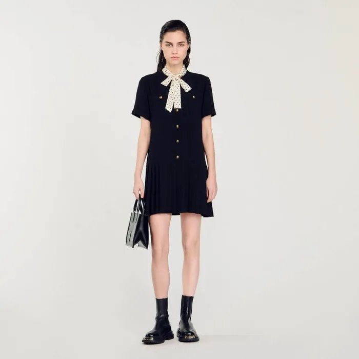 Women Dresses SANDRO Short Dress With Polka Dot Tie Black