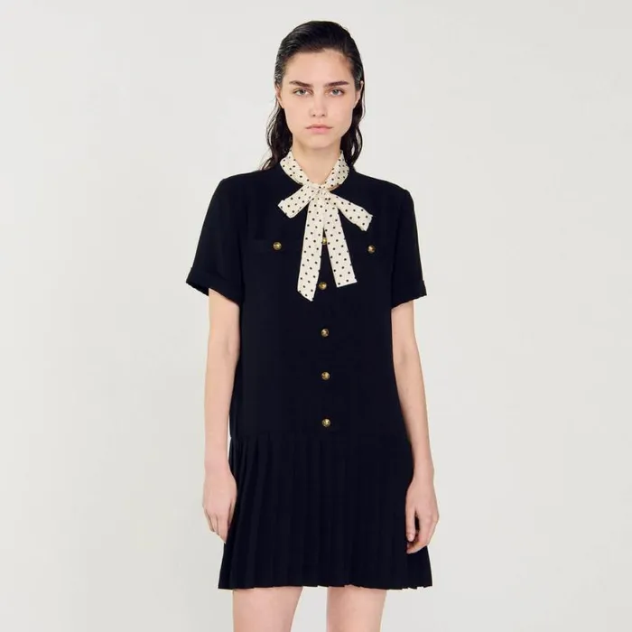 Women Dresses SANDRO Short Dress With Polka Dot Tie Black