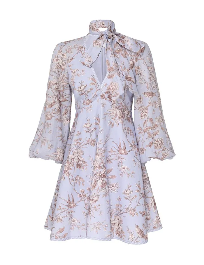 Women Dresses Zimmermann Tie Neck Mini Dress Blue Mockingbird