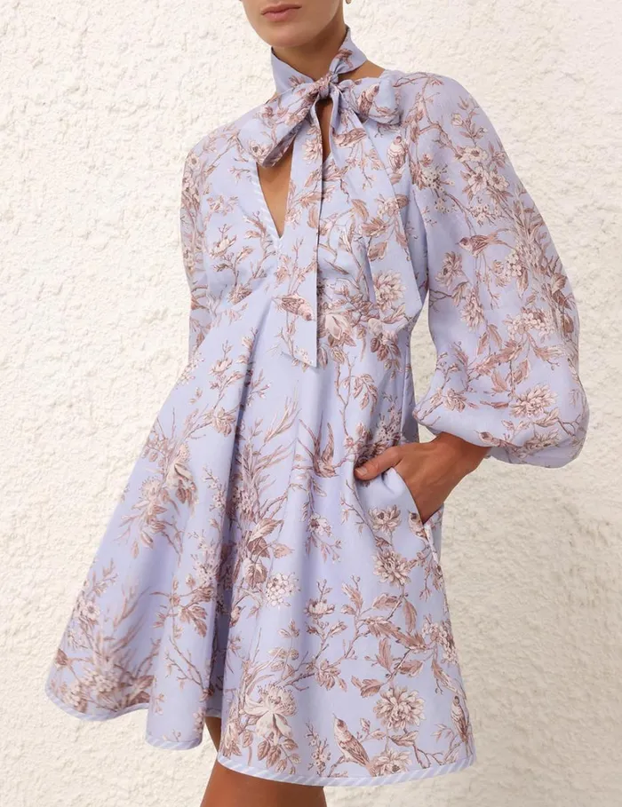 Women Dresses Zimmermann Tie Neck Mini Dress Blue Mockingbird
