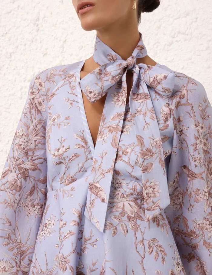 Women Dresses Zimmermann Tie Neck Mini Dress Blue Mockingbird