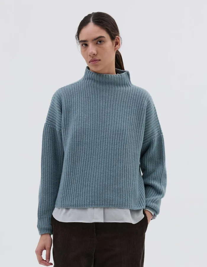 Women English Rib Funnel Neck Jumper Soft Blue Margaret Howell Knitwear