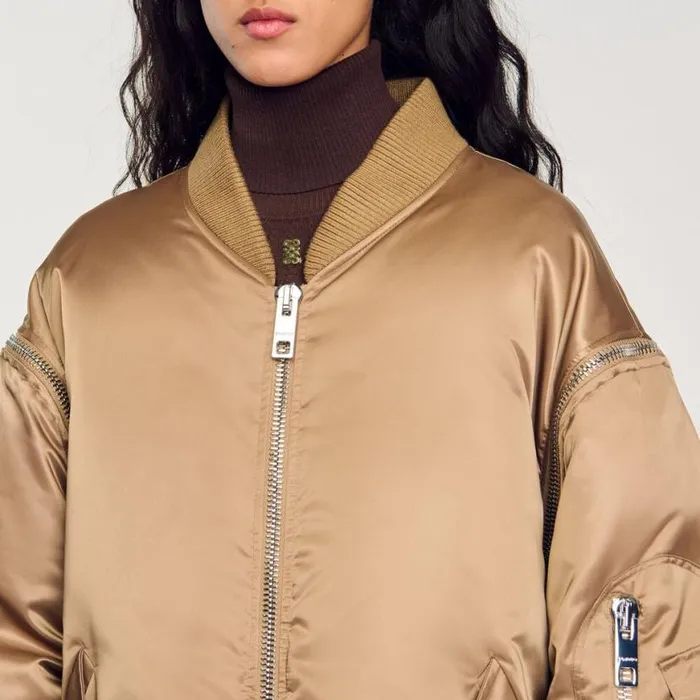 Women Jackets and Blazers SANDRO Satinlook Bomber Jacket Beige