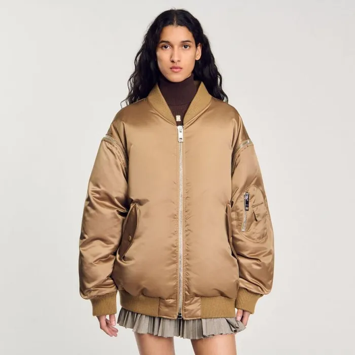 Women Jackets and Blazers SANDRO Satinlook Bomber Jacket Beige