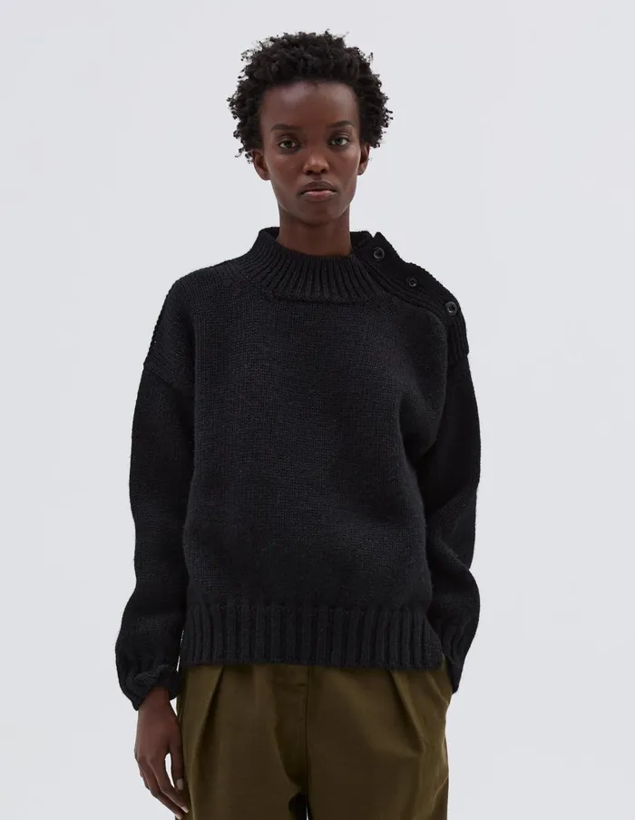 Women Mhl Chunky Button Neck Sweater Black Margaret Howell Knitwear
