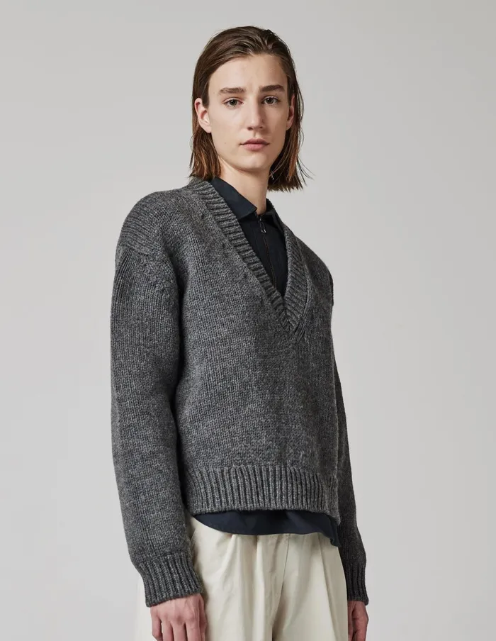 Women Mhl Chunky V Neck Mid Grey Margaret Howell Knitwear