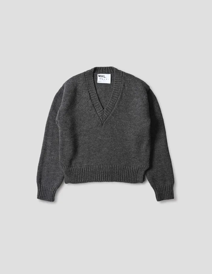 Women Mhl Chunky V Neck Mid Grey Margaret Howell Knitwear