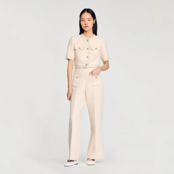Women Pants and Shorts SANDRO Decorative Tweed Trousers Ecru Pink