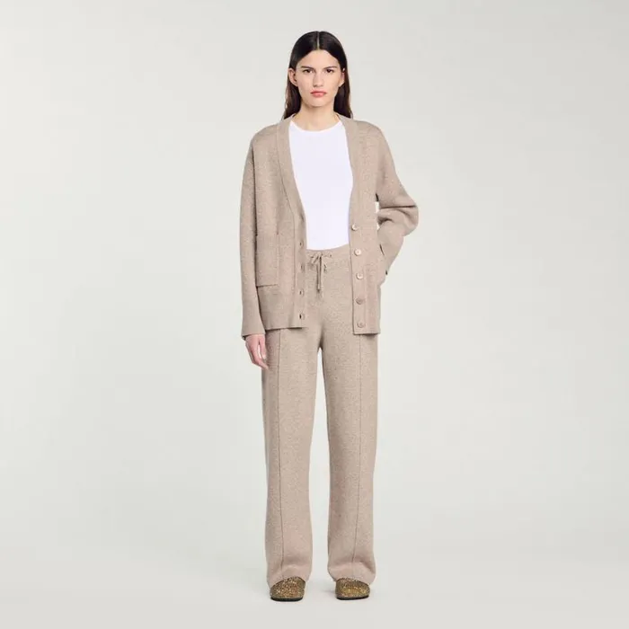 Women Pants and Shorts SANDRO Knit Rhinestonecovered Trousers Beige