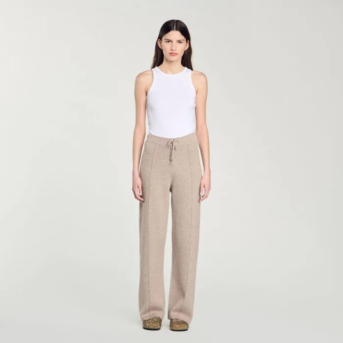 Women Pants and Shorts SANDRO Knit Rhinestonecovered Trousers Beige