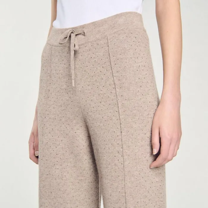 Women Pants and Shorts SANDRO Knit Rhinestonecovered Trousers Beige