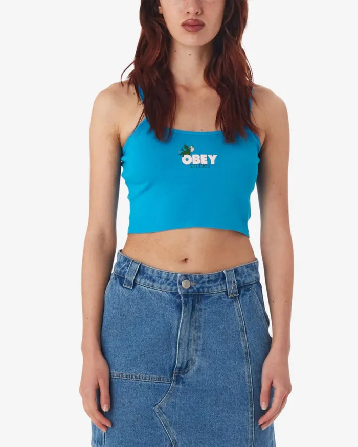 Women SITTING FAIRY SPAGHETTI STRAP CROP TANK Blue Danube OBEY Clothing TSHIRTS Women SITTING FAIRY SPAGHETTI STRAP CROP TANK Blue Danube OBEY Clothing TSHIRTS