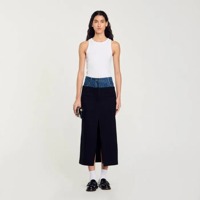 Women Skirts SANDRO Dualmaterial Denim And Tweed Skirt Black