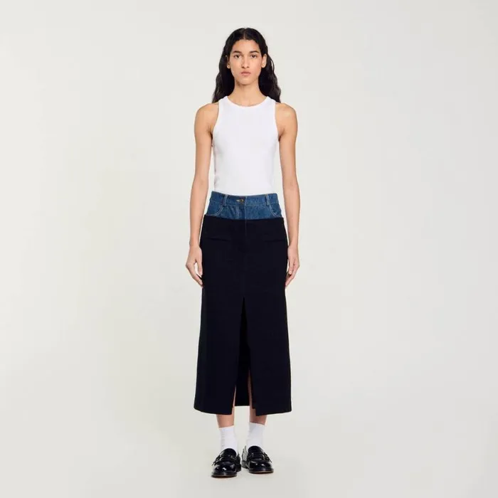 Women Skirts SANDRO Dualmaterial Denim And Tweed Skirt Black