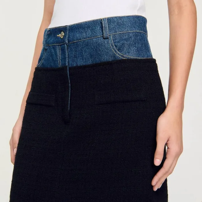 Women Skirts SANDRO Dualmaterial Denim And Tweed Skirt Black