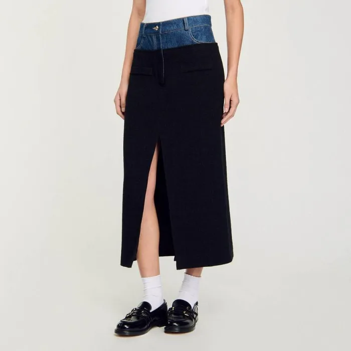 Women Skirts SANDRO Dualmaterial Denim And Tweed Skirt Black