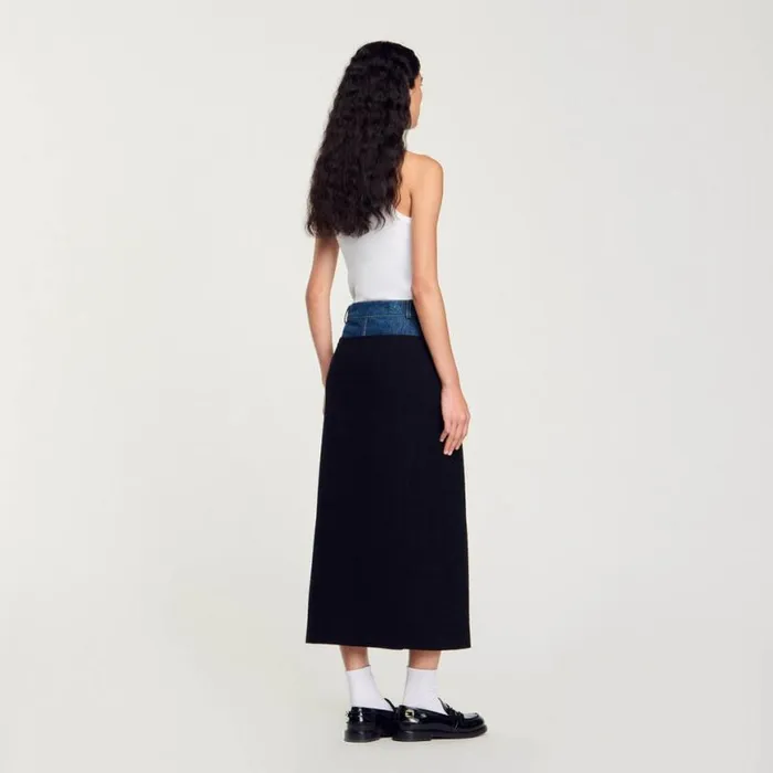 Women Skirts SANDRO Dualmaterial Denim And Tweed Skirt Black