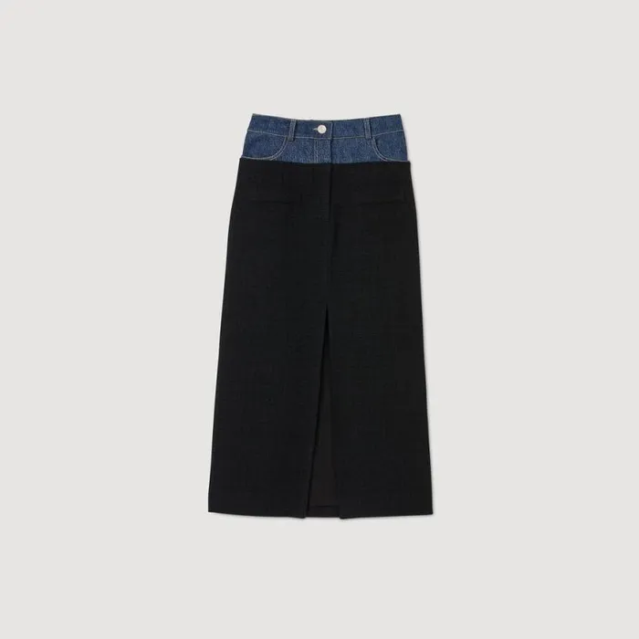 Women Skirts SANDRO Dualmaterial Denim And Tweed Skirt Black