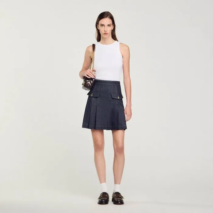 Women Skirts SANDRO Pleated Denim Skirt Deep Blu