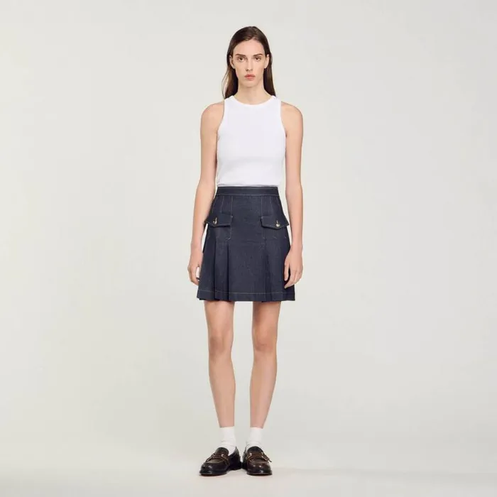 Women Skirts SANDRO Pleated Denim Skirt Deep Blu
