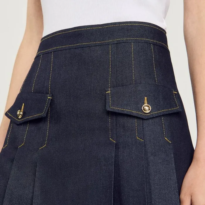Women Skirts SANDRO Pleated Denim Skirt Deep Blu