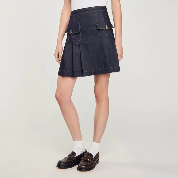 Women Skirts SANDRO Pleated Denim Skirt Deep Blu
