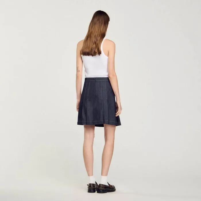 Women Skirts SANDRO Pleated Denim Skirt Deep Blu