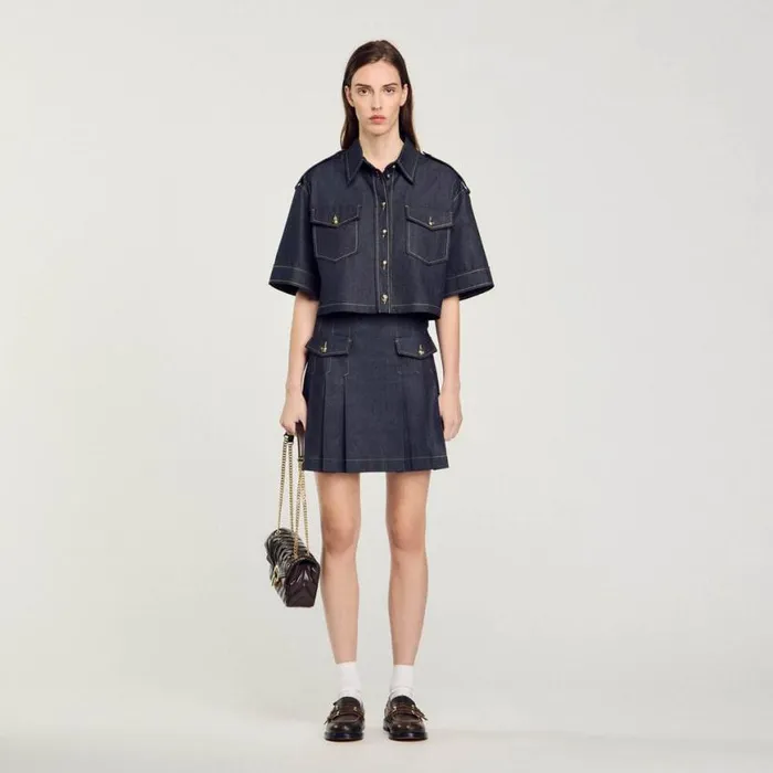 Women Skirts SANDRO Pleated Denim Skirt Deep Blu