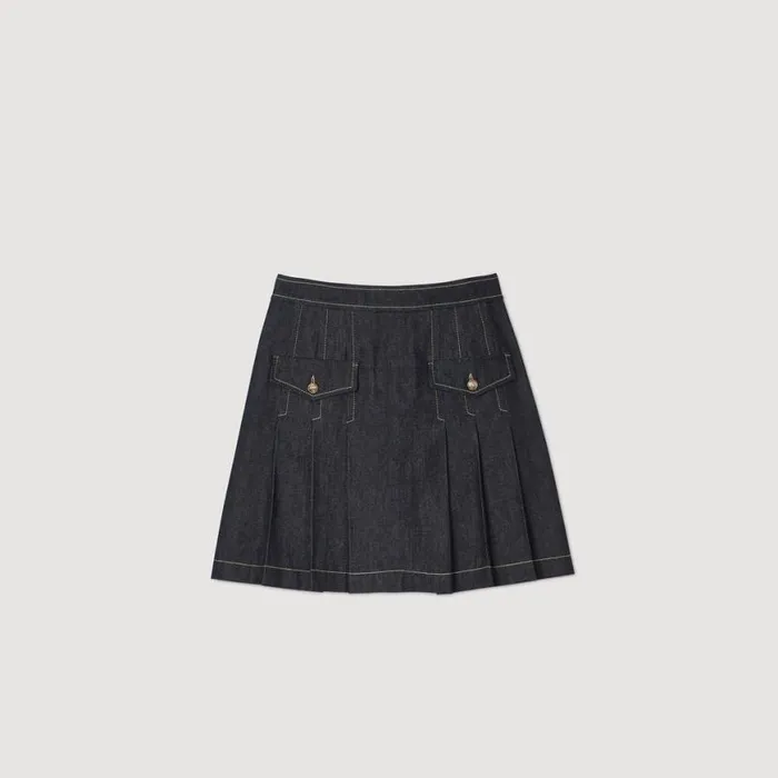 Women Skirts SANDRO Pleated Denim Skirt Deep Blu
