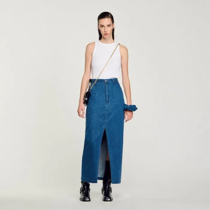 Women Skirts SANDRO Rhinestone Denim Maxi Skirt Blue Jean