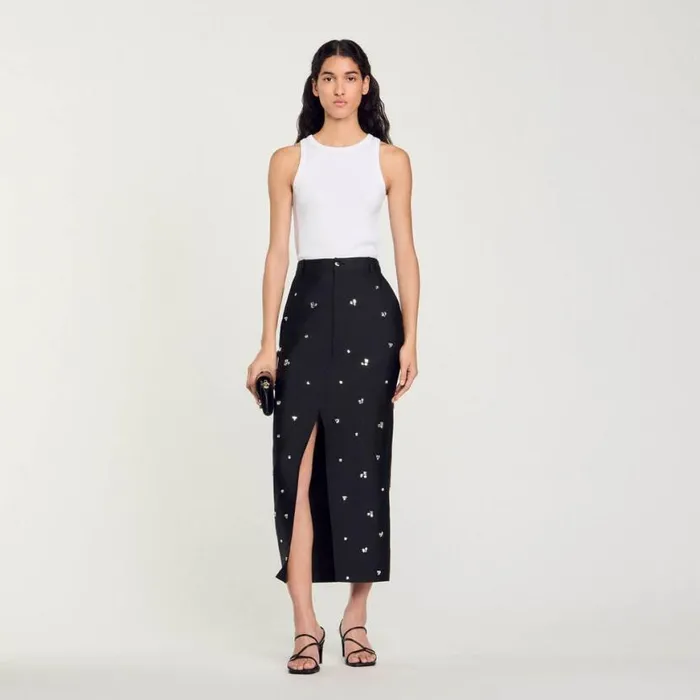 Women Skirts SANDRO Rhinestone Pencil Skirt Black