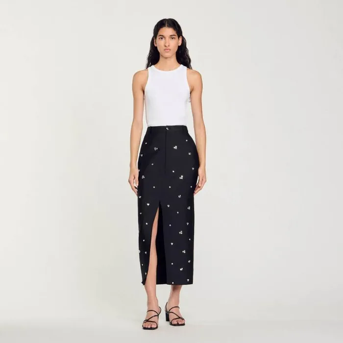 Women Skirts SANDRO Rhinestone Pencil Skirt Black