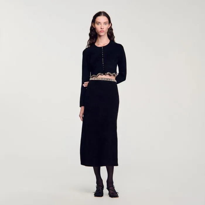 Women Sweaters and Cardigans SANDRO Short Rhinestone Velvet Knit Cardie Black