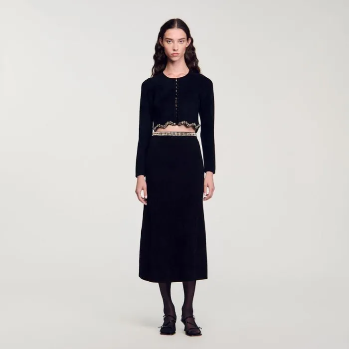 Women Sweaters and Cardigans SANDRO Short Rhinestone Velvet Knit Cardie Black