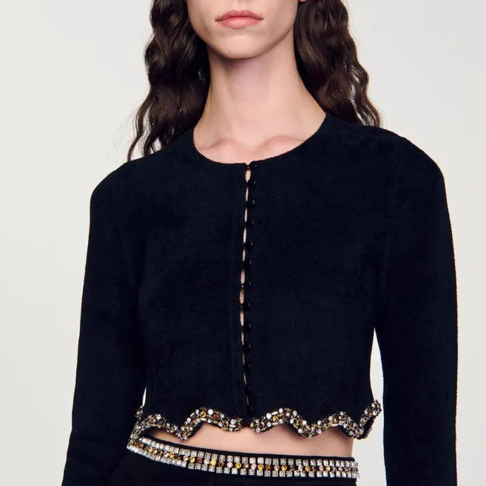 Women Sweaters and Cardigans SANDRO Short Rhinestone Velvet Knit Cardie Black