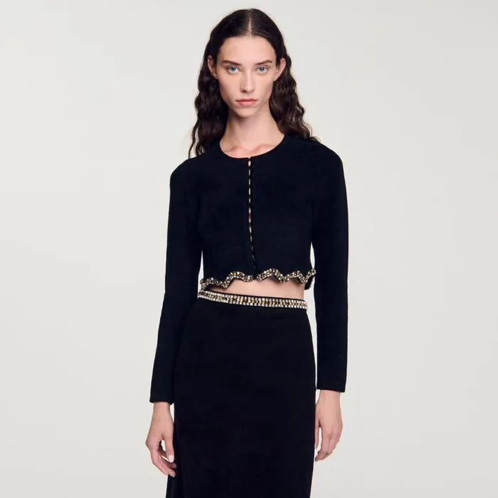 Women Sweaters and Cardigans SANDRO Short Rhinestone Velvet Knit Cardie Black