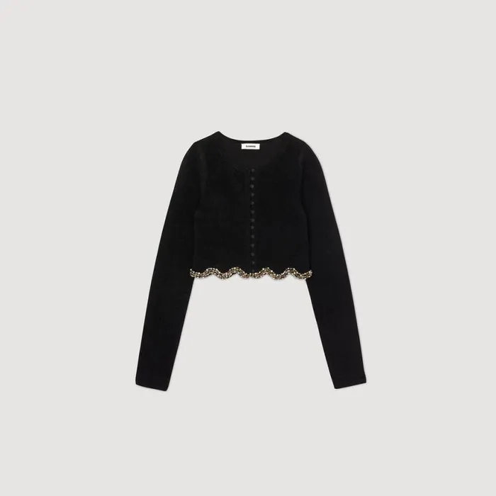 Women Sweaters and Cardigans SANDRO Short Rhinestone Velvet Knit Cardie Black